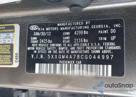 2012 Kia Optima Lx z USA, uszkodzony, nr VIN 5XXGM4A78CG044997